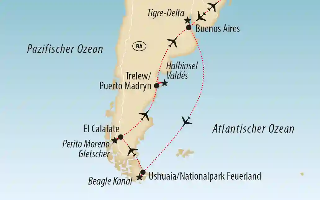 Karte von Argentinien mit eingezeichneter Reiseroute zwischen Buenos Aires, Ushuaia und weiteren Stationen