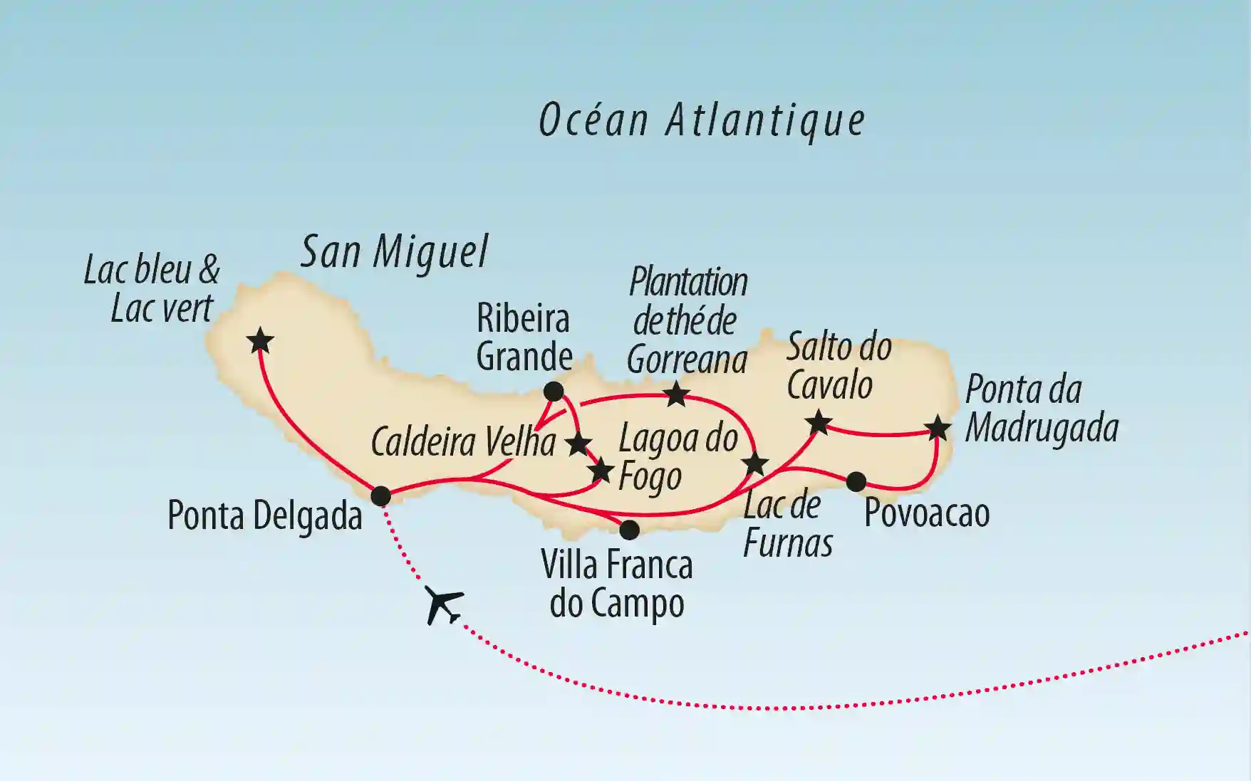 Carte de l’ile de Sao Miguel avec itineraire de voyage et points principaux