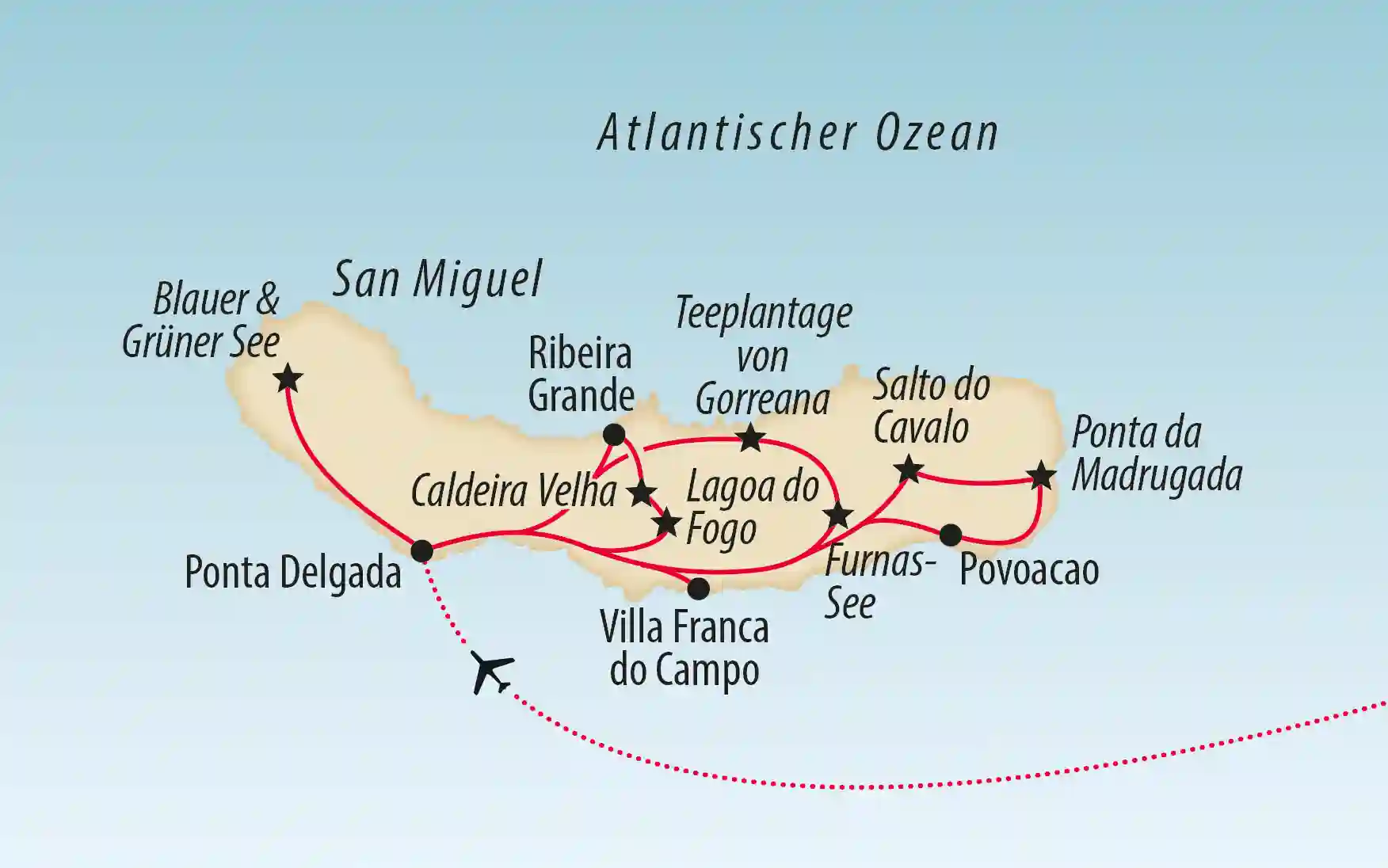 Karte der Insel Sao Miguel mit markierter Reiseroute und wichtigen Stationen