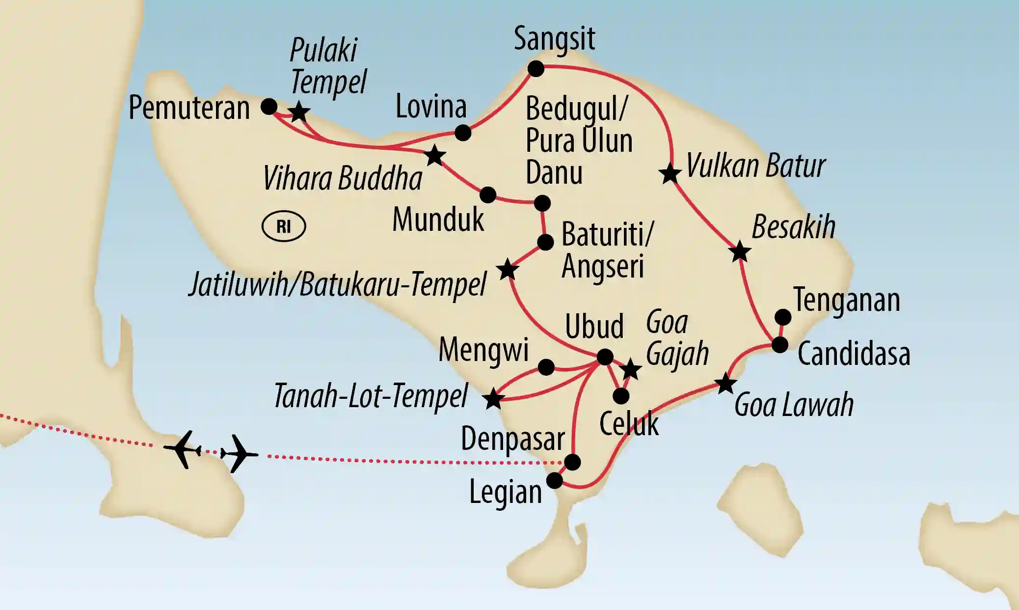 Karte der Insel Bali mit eingezeichneter Reiseroute und wichtigen Orten