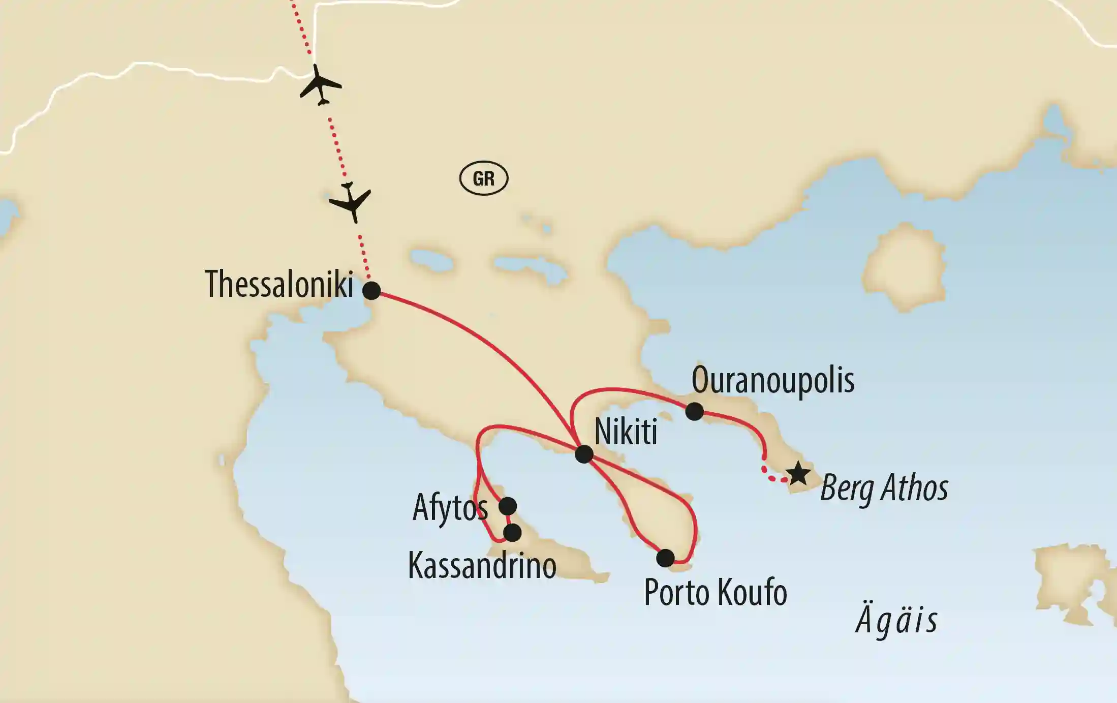 Übersichtskarte der Halbinsel Chalkidiki mit Reiseroute und Stationen