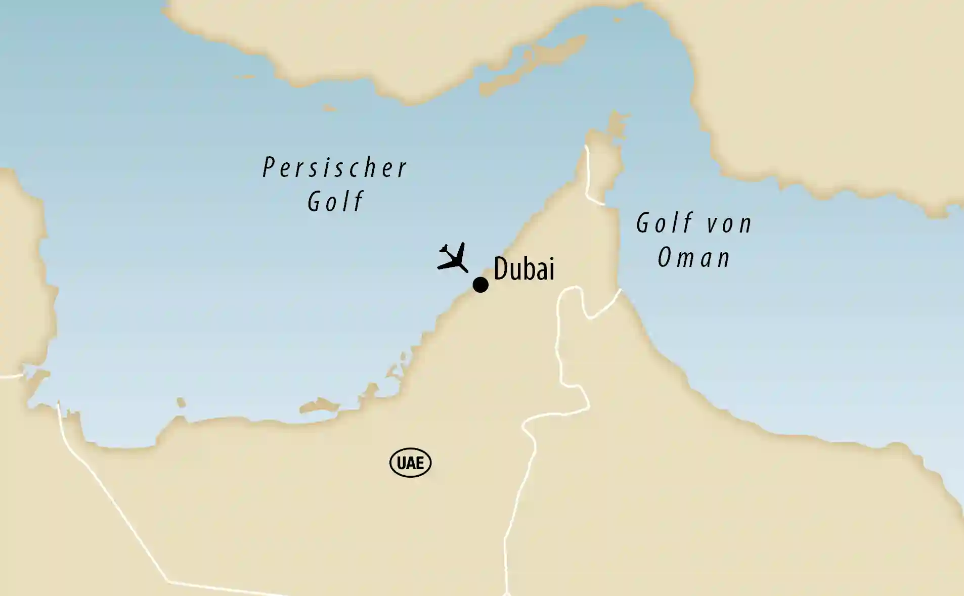 Karte der Vereinigten Arabischen Emirate mit markierter Lage von Dubai am Persischen Golf