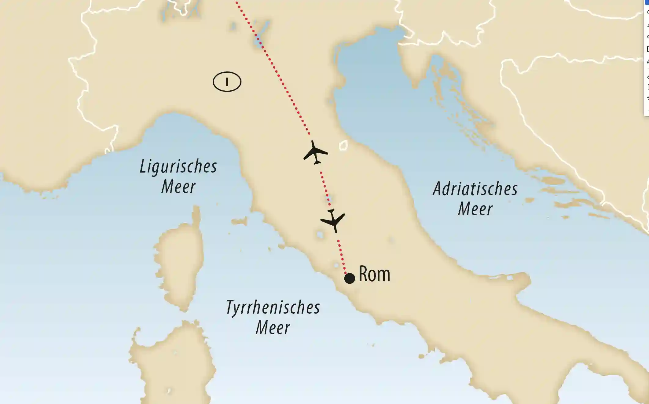 Karte von Italien mit eingezeichneter Flugroute nach Rom zwischen Ligurischem und Adriatischem Meer