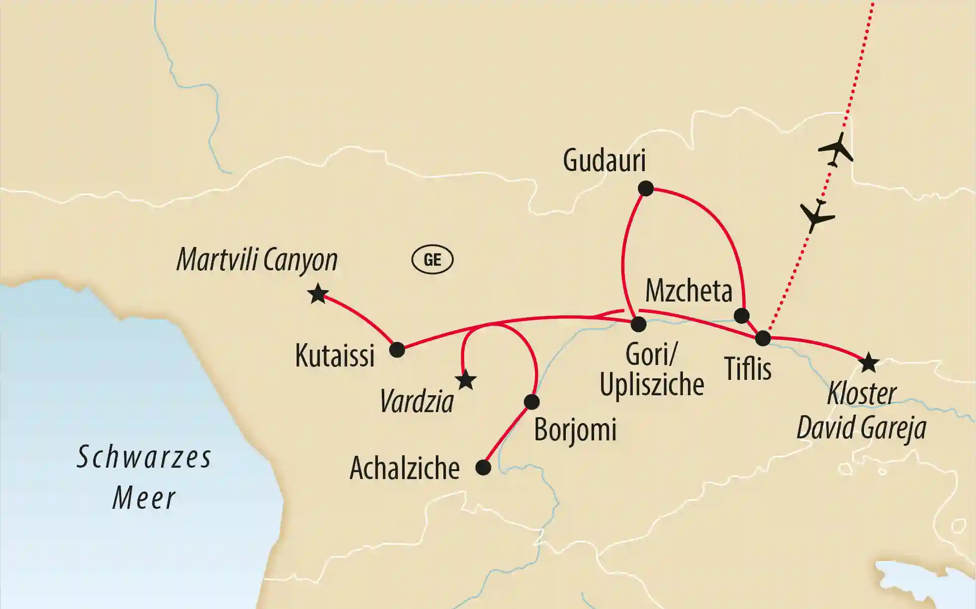 Karte von Georgien mit markierter Rundreise über Tiflis, Mzcheta, Gori, Gudauri, Borjomi, Achalziche, Kutaisi und Martvili Canyon