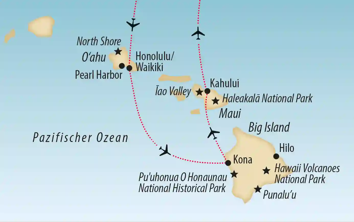 Reiseroute auf Hawaii mit Besuch auf verschiedenen Inseln