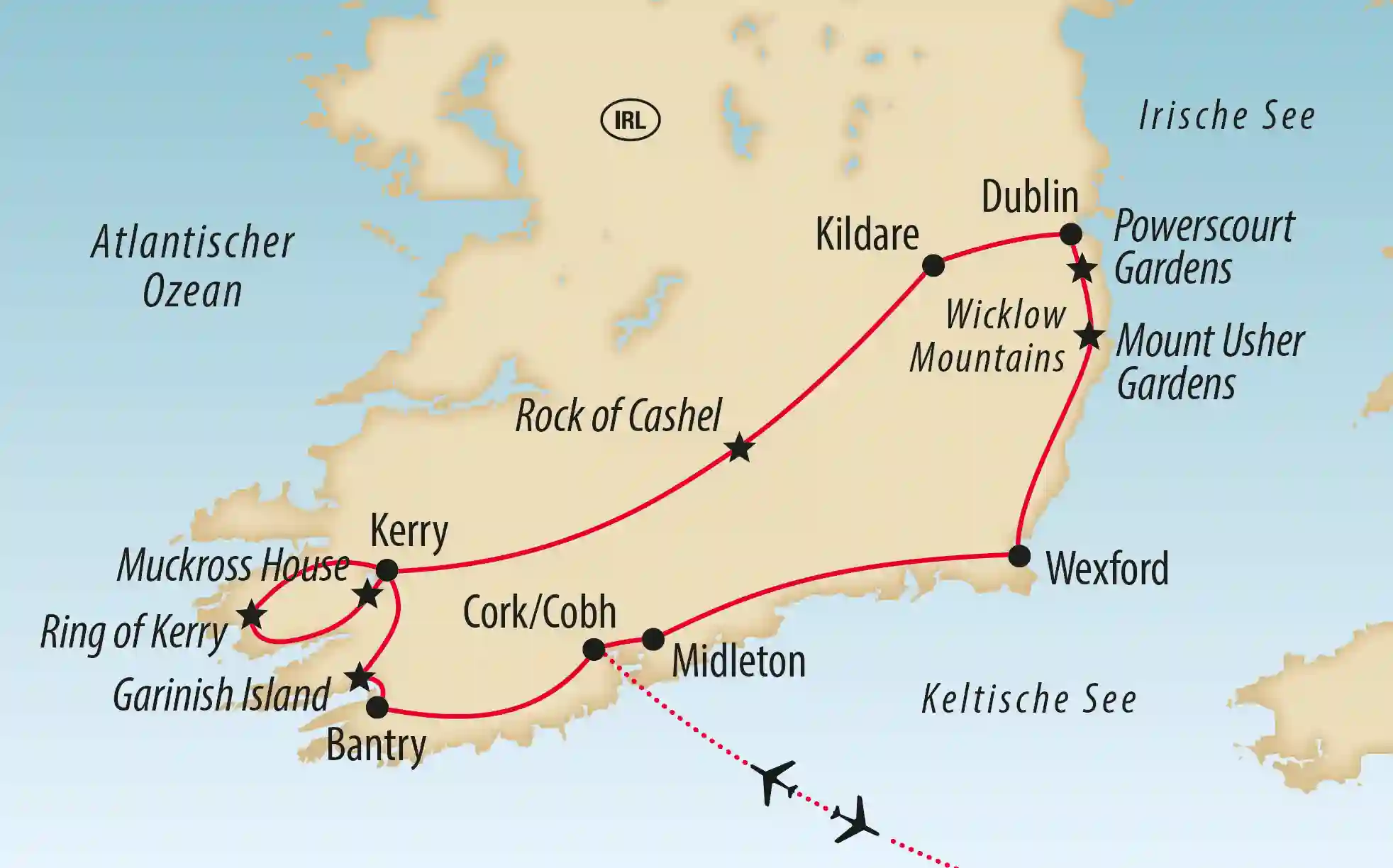 Übersichtskarte einer Irland Rundreise mit markierter Route von Dublin über Kerry, Cork und Wexford