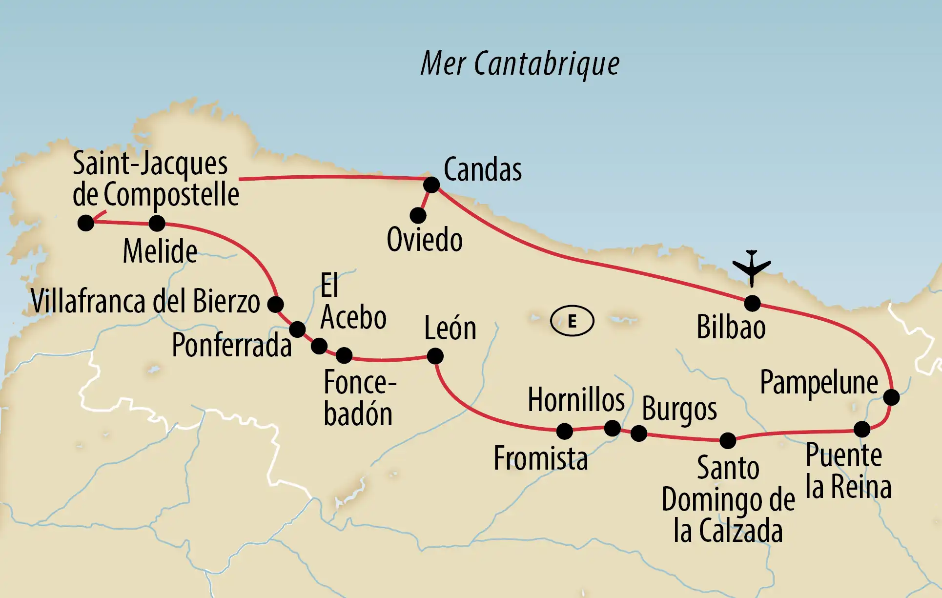 Carte du chemin de Saint-Jacques montrant l’itinéraire de Pampelune via Burgos, León et Oviedo jusqu’à Saint-Jacques-de-Compostelle