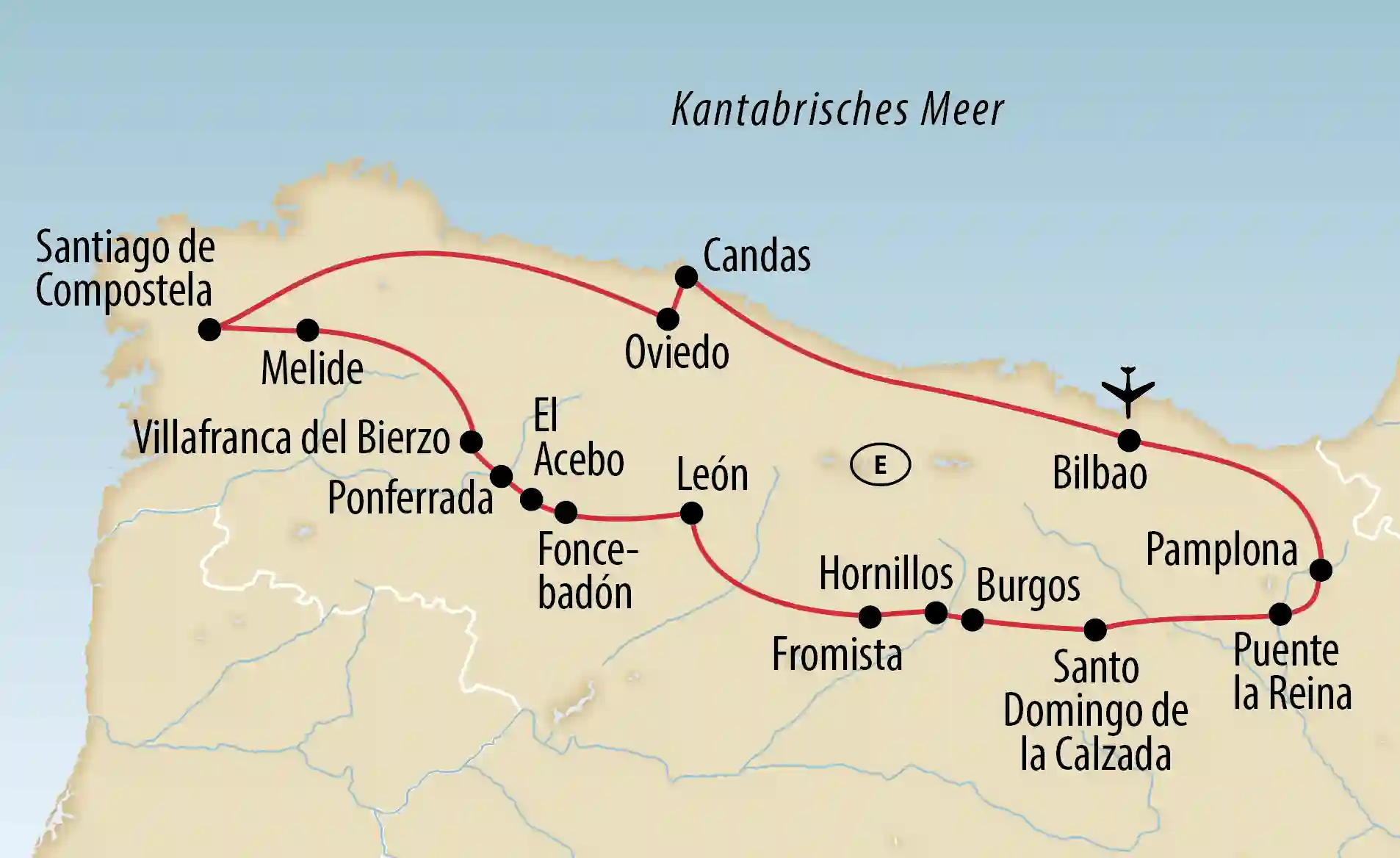 Karte des Jakobswegs mit Reiseroute von Pamplona über Burgos, León und Oviedo bis nach Santiago de Compostela