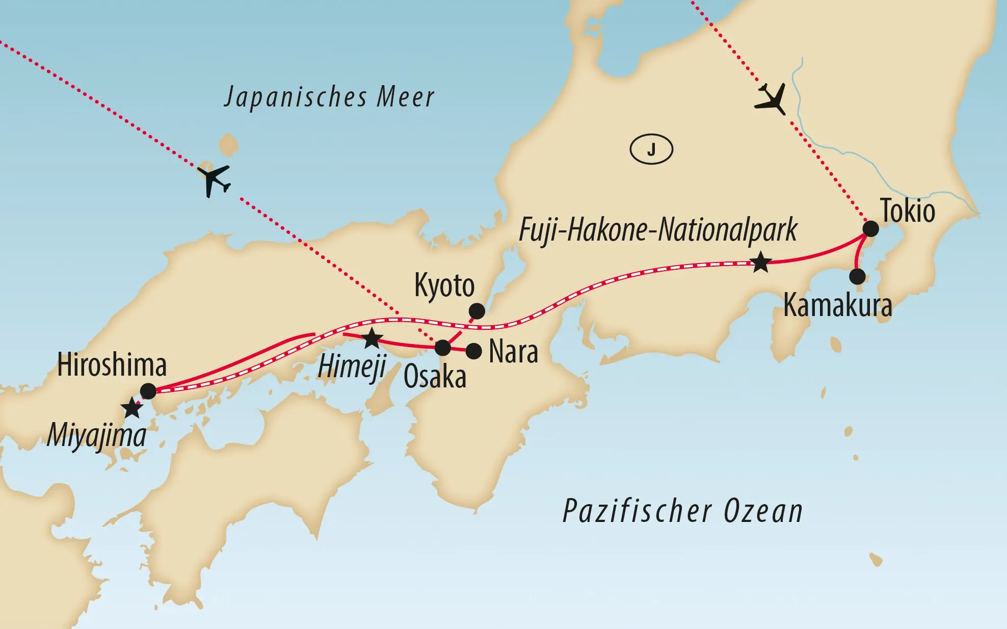 Karte von Japan mit eingezeichneter Reiseroute von Tokio ueber Kyoto und Osaka bis Hiroshima