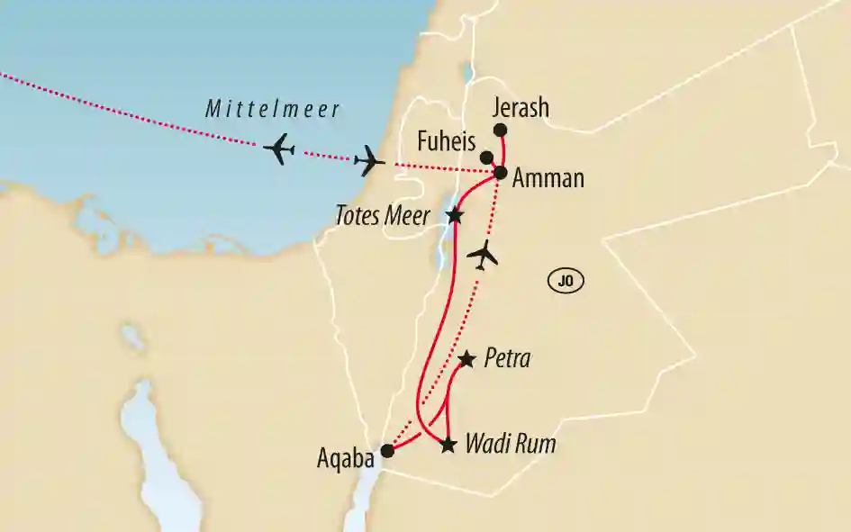 Karte von Jordanien mit eingezeichneter Reiseroute ab Amman zu den Stationen Jerash, Fuheis, Totes Meer, Petra, Wadi Rum und Aqaba