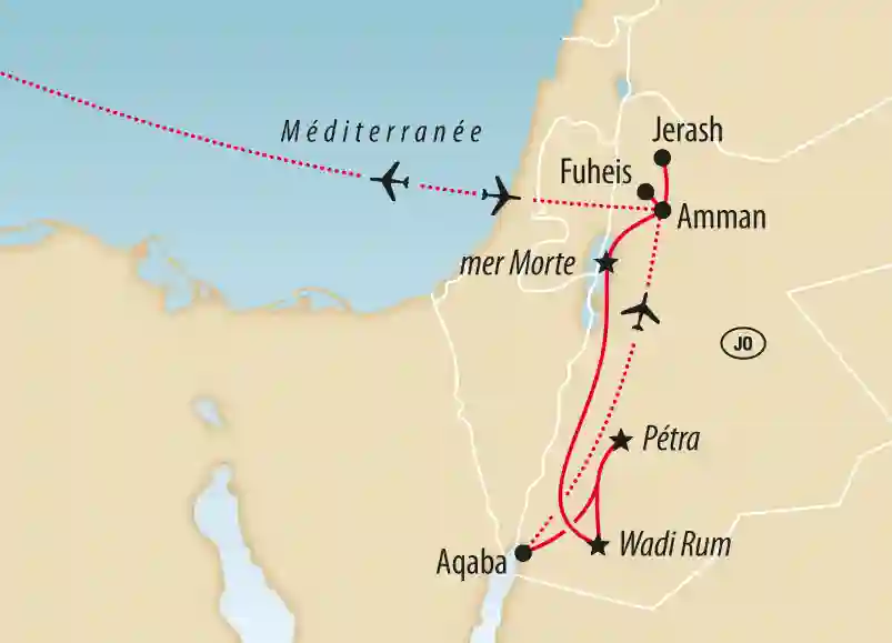 Carte de la Jordanie montrant un itinéraire reliant Amman à Jerash, Fuheis, la mer Morte, Pétra, Wadi Rum et Aqaba, avec un vol représenté au-dessus de la Méditerranée.