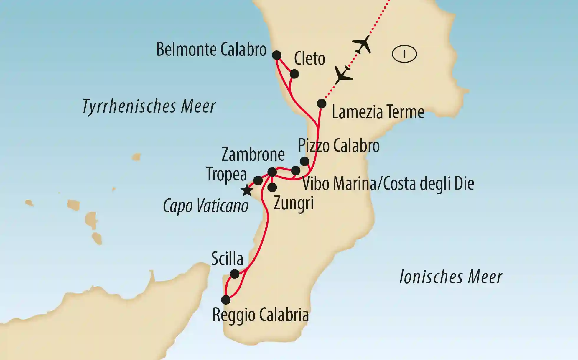 Karte von Kalabrien mit markierter Reiseroute entlang der Küste, Orten wie Tropea, Scilla und Reggio Calabria