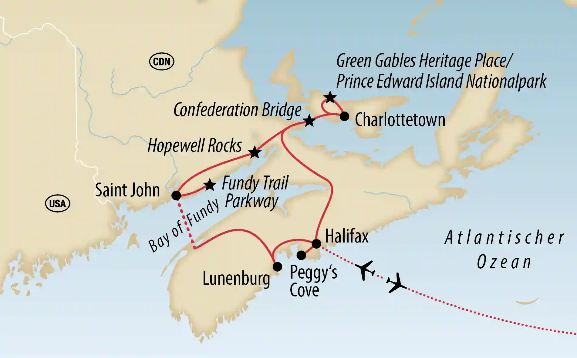 Übersichtskarte der kanadischen Atlantikküste mit Reiseroute, Städten, Sehenswürdigkeiten und Flugverbindung