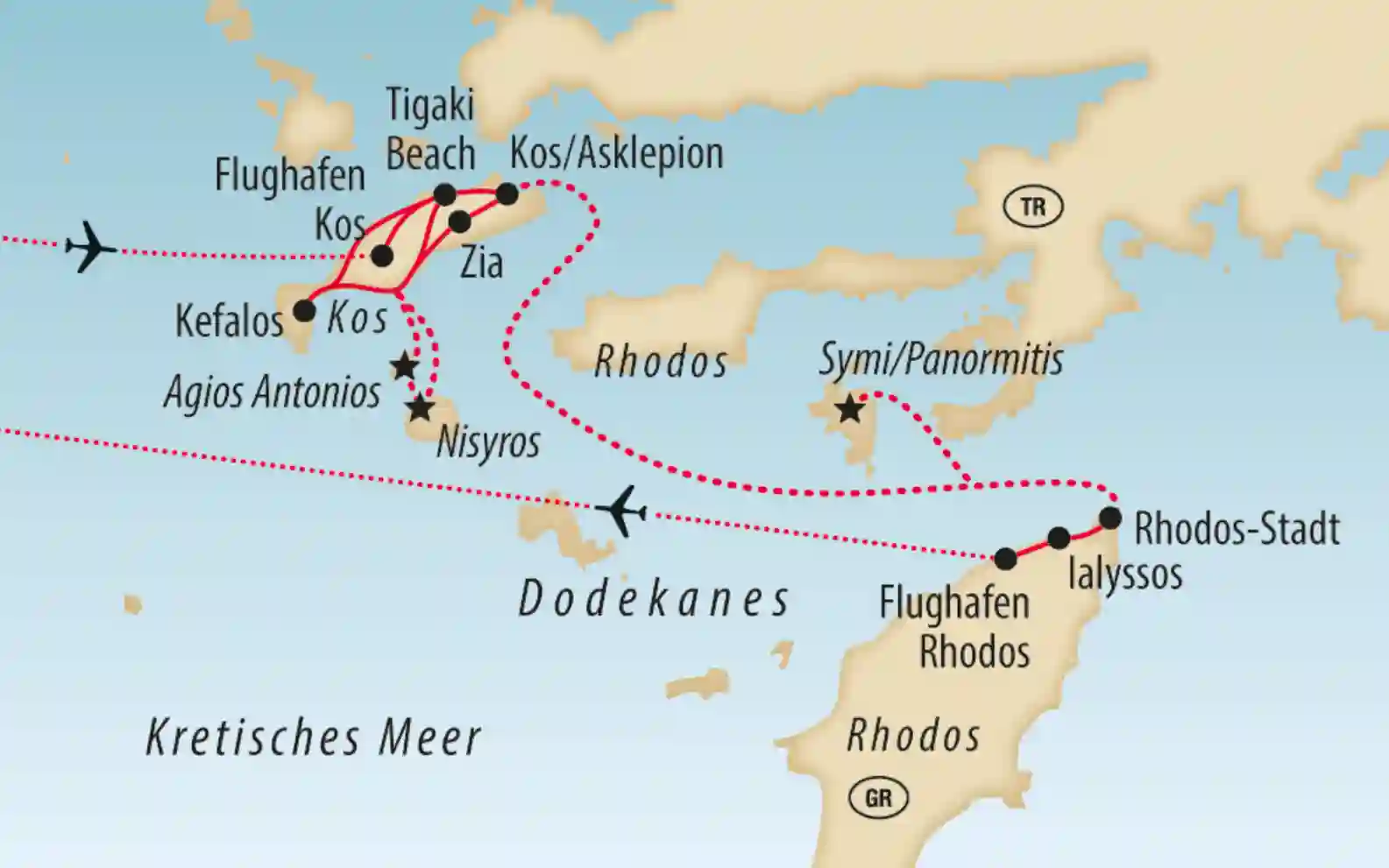 Übersichtskarte der griechischen Inseln Kos und Rhodos mit markierten Flugrouten, Badeorten und Ausflugszielen im Dodekanes