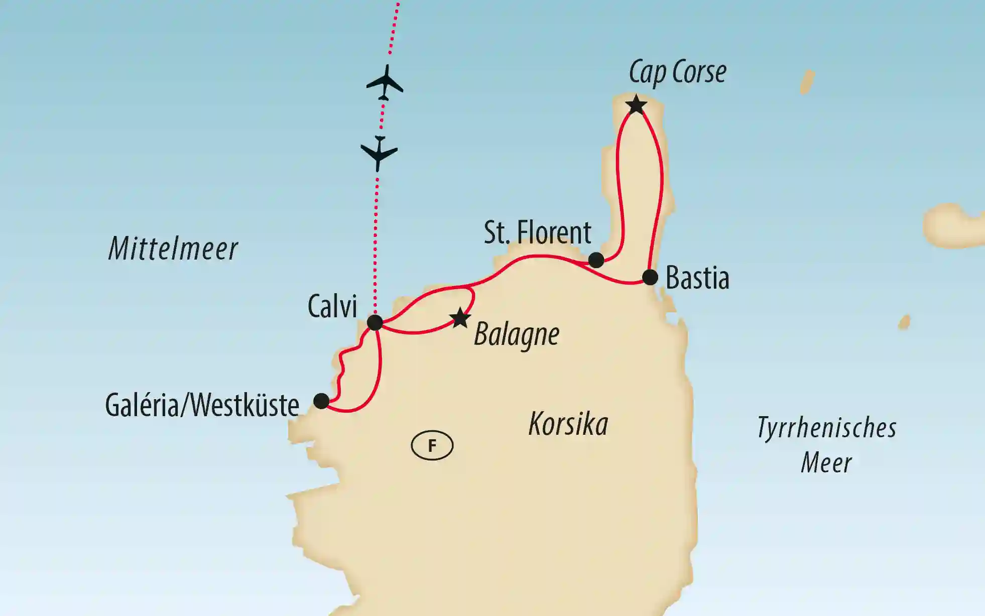Karte von Korsika mit eingezeichneter Reiseroute entlang der Nordküste mit Calvi, Bastia, Saint Florent und Cap Corse