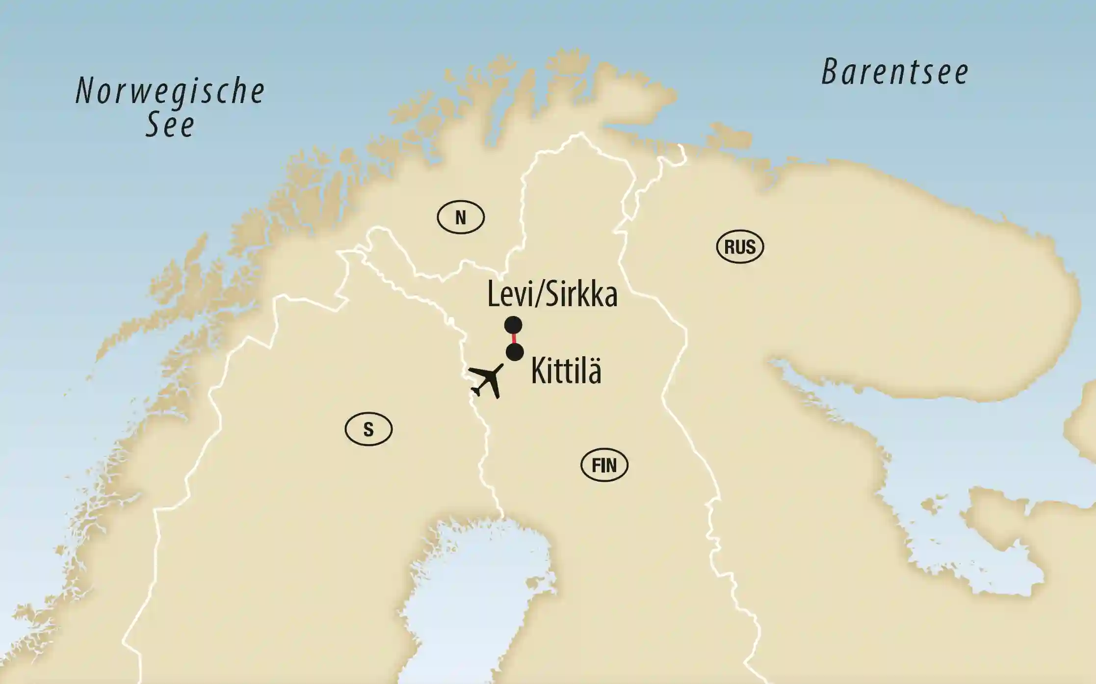 Übersichtskarte einer Reise durch Lappland mit Zielort Levi