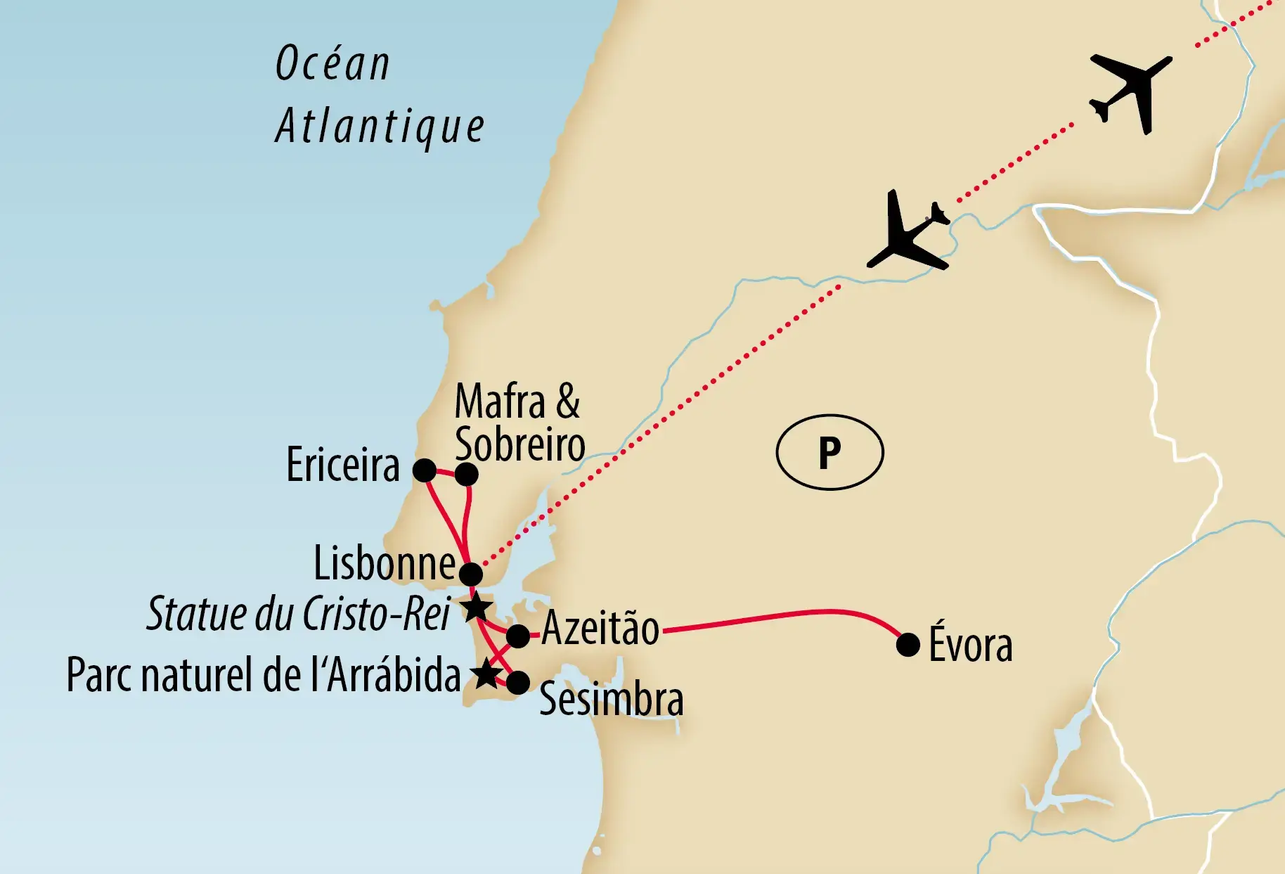 Carte avec l’itinéraire du voyage passant par Lisbonne, Ericeira, Mafra, Évora, Sesimbra et le parc naturel de l’Arrábida.