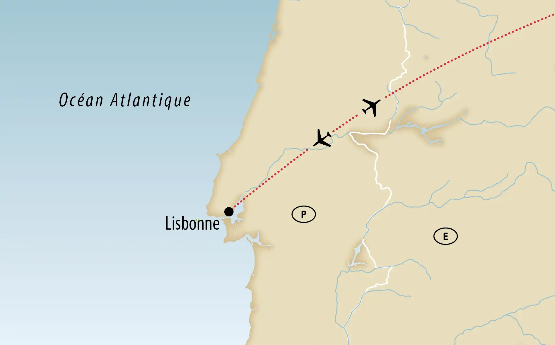 Carte du Portugal montrant un trajet aérien vers Lisbonne et les étapes du voyage