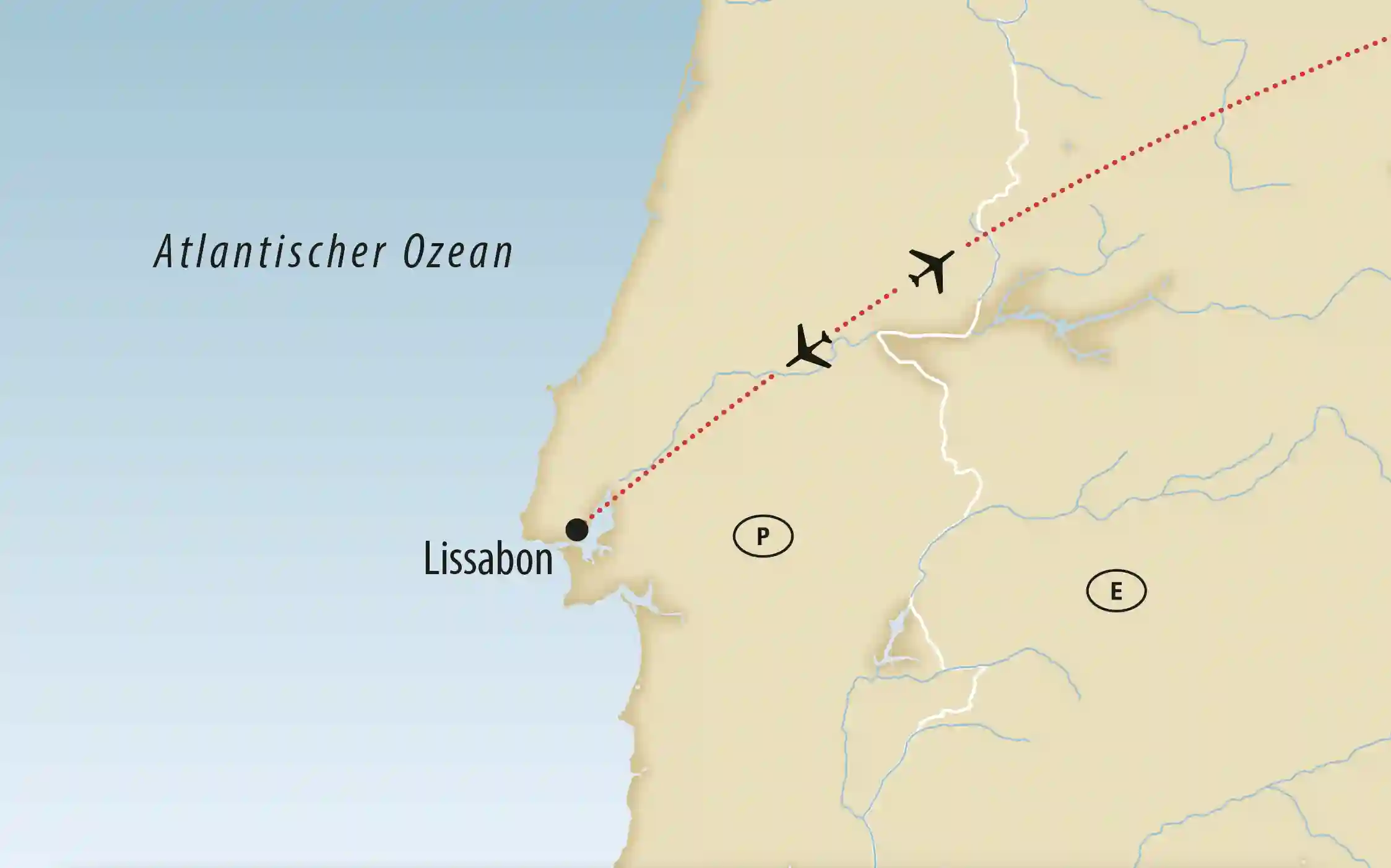 Karte von Portugal mit Flugroute nach Lissabon und eingezeichneten Reisezielen