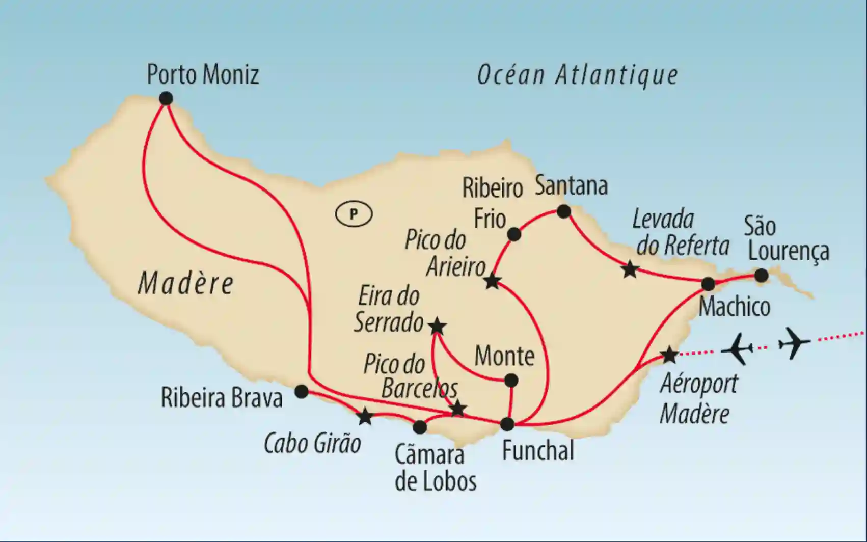 Carte de Madère avec itinéraire indiqué, villes, sommets et littoral de l’océan Atlantique