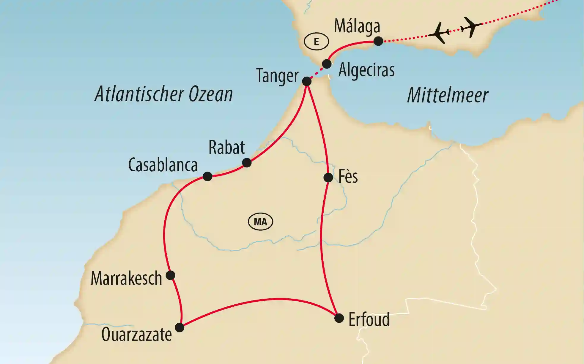 Übersichtskarte einer Rundreise durch Marokko mit Reiseroute von Malaga über Tanger nach Casablanca Marrakesch Fes Erfoud und Ouarzazate