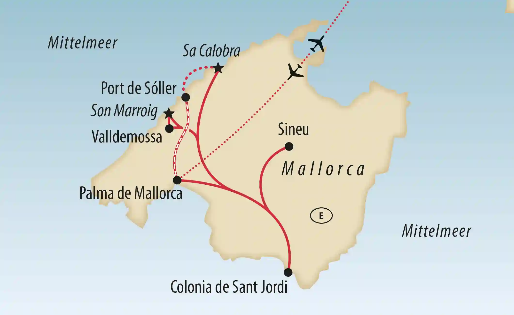 Karte von Mallorca mit markierter Reiseroute und Orten wie Palma de Mallorca Sa Calobra Sineu und Colonia de Sant Jordi