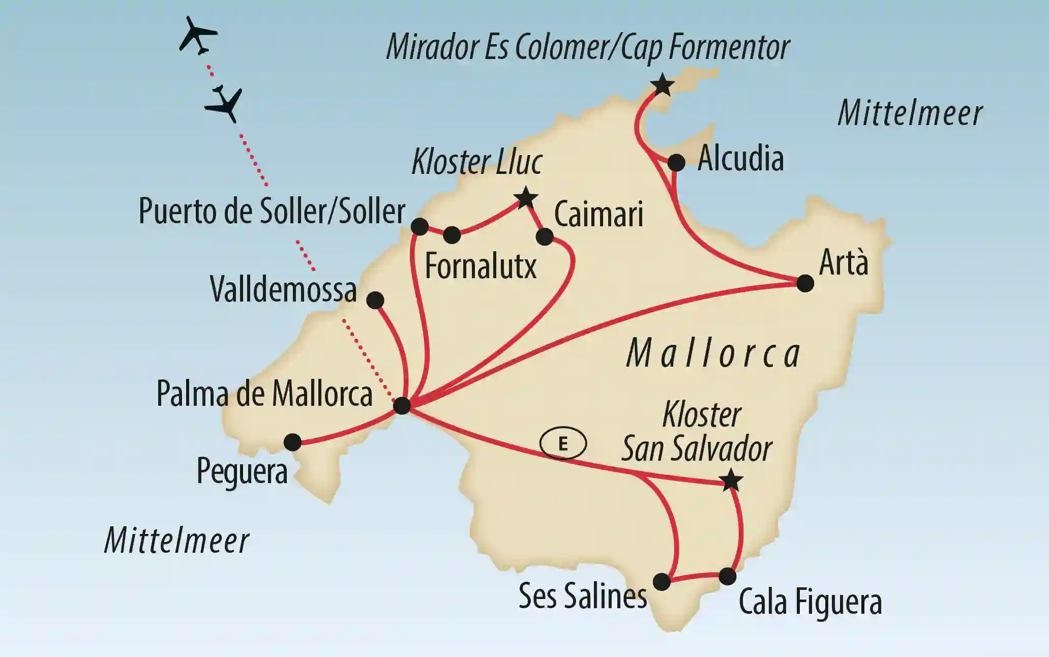 Karte der Insel Mallorca mit eingezeichneter Reiseroute und markierten Orten