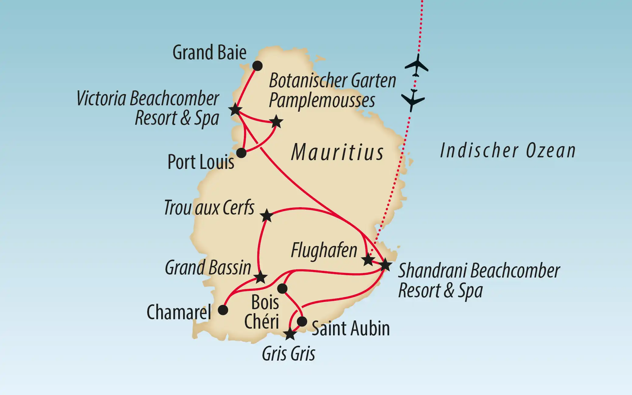 Karte von Mauritius mit eingezeichneter Reiseroute und markierten Orten wie Port Louis, Chamarel und Grand Baie