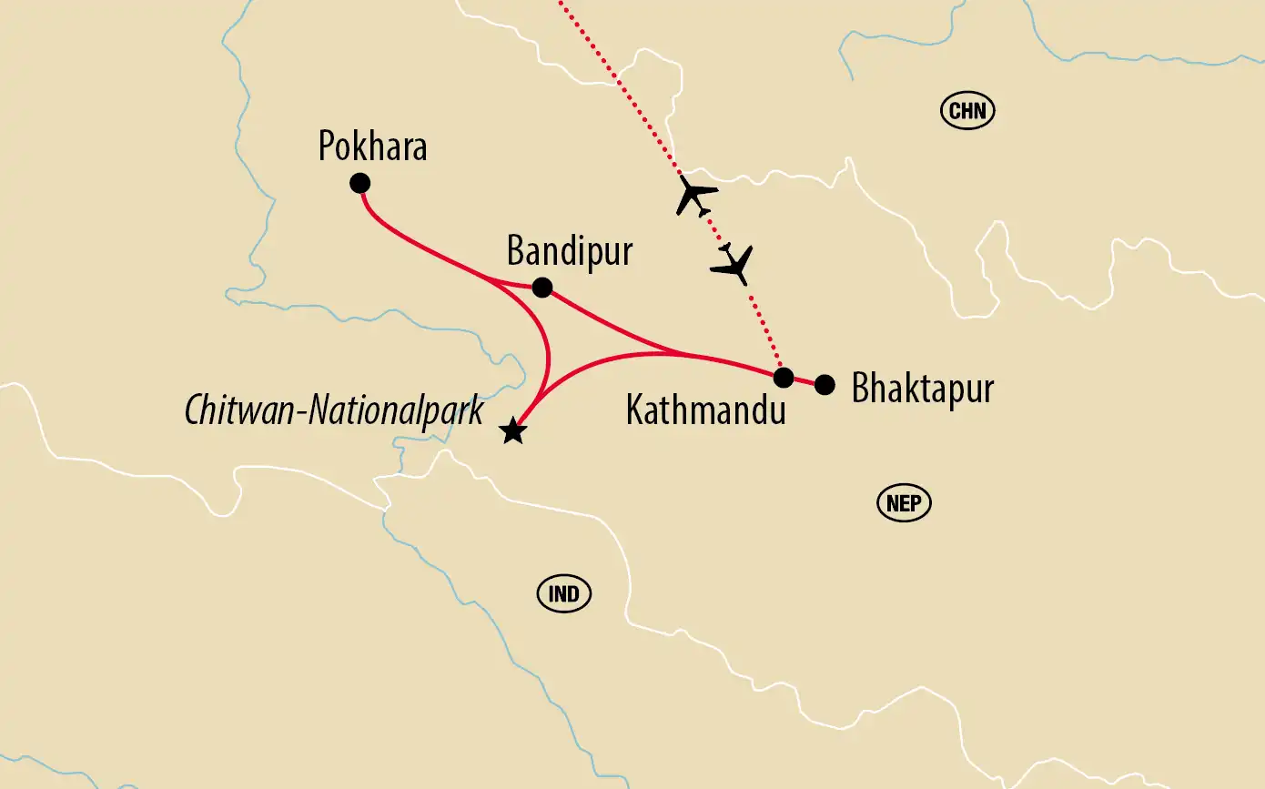 Karte von Nepal mit eingezeichneter Route zwischen Kathmandu, Pokhara und Chitwan Nationalpark