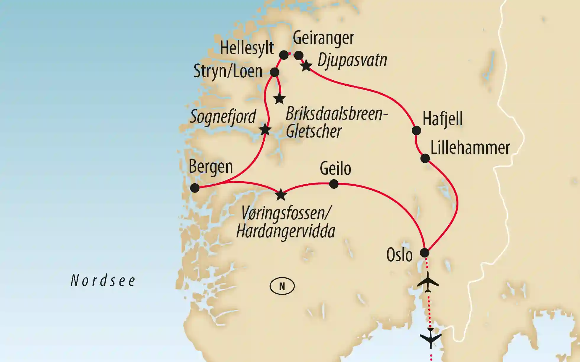 Übersichtskarte von Norwegen mit markierter Reiseroute zwischen Oslo Bergen Geiranger und dem Sognefjord