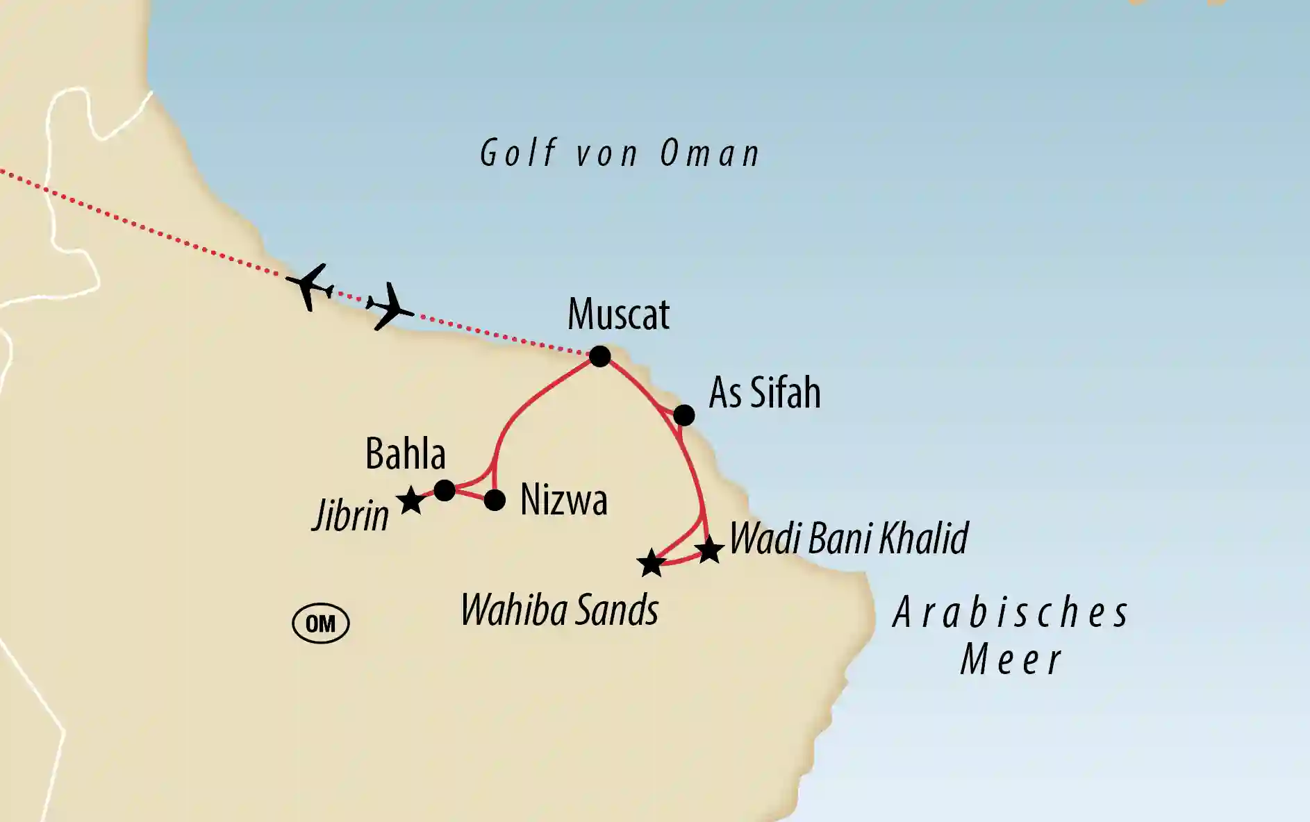 Übersichtskarte einer Reiseroute durch den Oman mit Stationen in Muscat, Nizwa, Bahla, Wahiba Sands und Wadi Bani Khalid