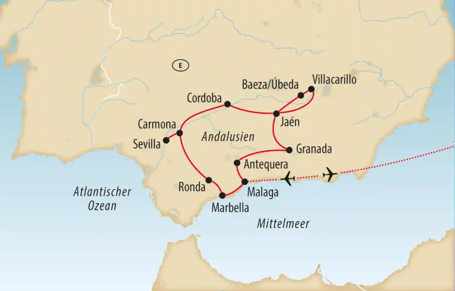 Karte von Andalusien mit markierter Reiseroute und Städten wie Sevilla, Córdoba, Granada und Ronda