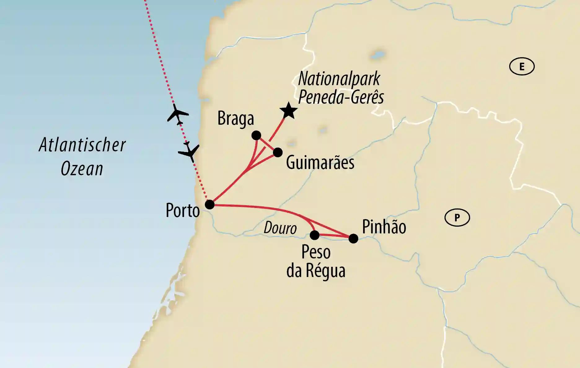 Karte von Nordportugal mit eingezeichneter Route zwischen Porto, Braga, Guimarães, Peso da Régua und Pinhão