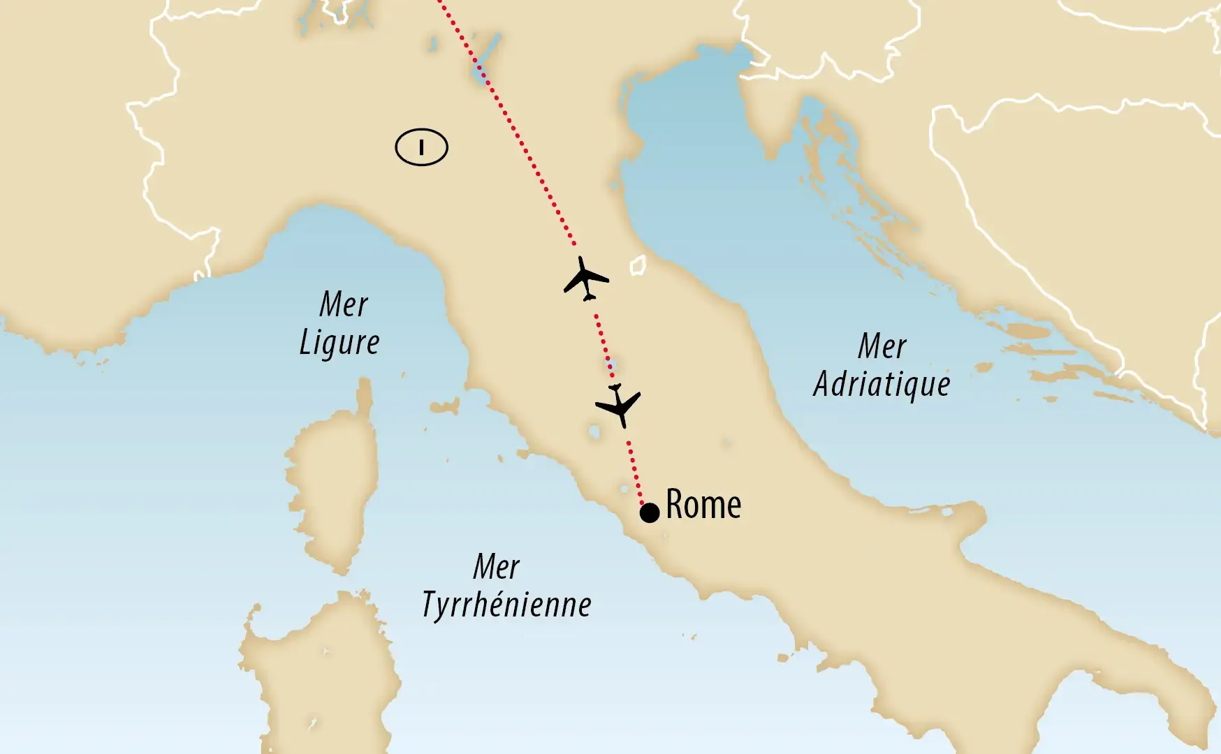 Carte du voyage en avion vers Rome avec itinéraire aérien à travers l’Italie