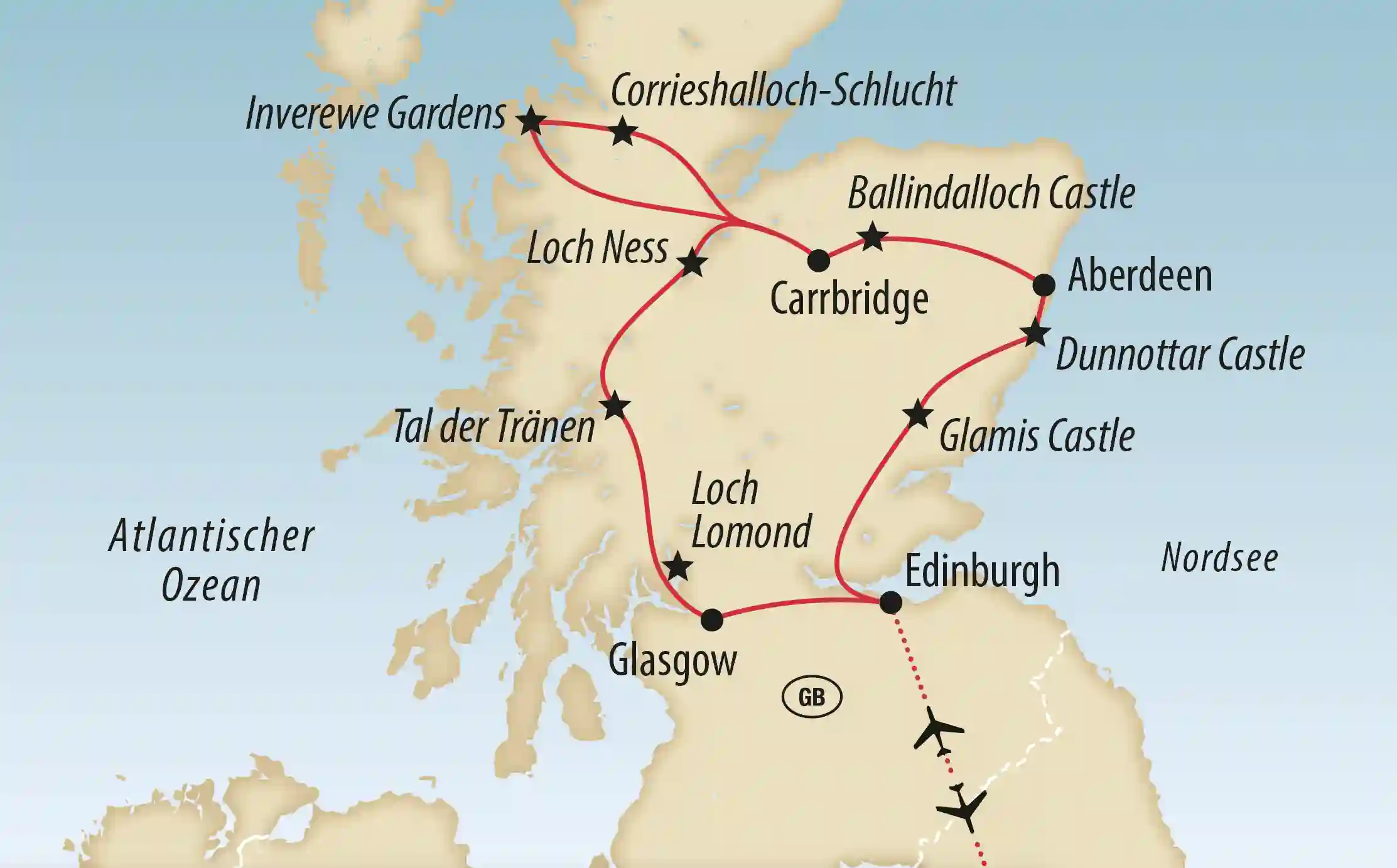 Karte mit Reiseroute durch Schottland
