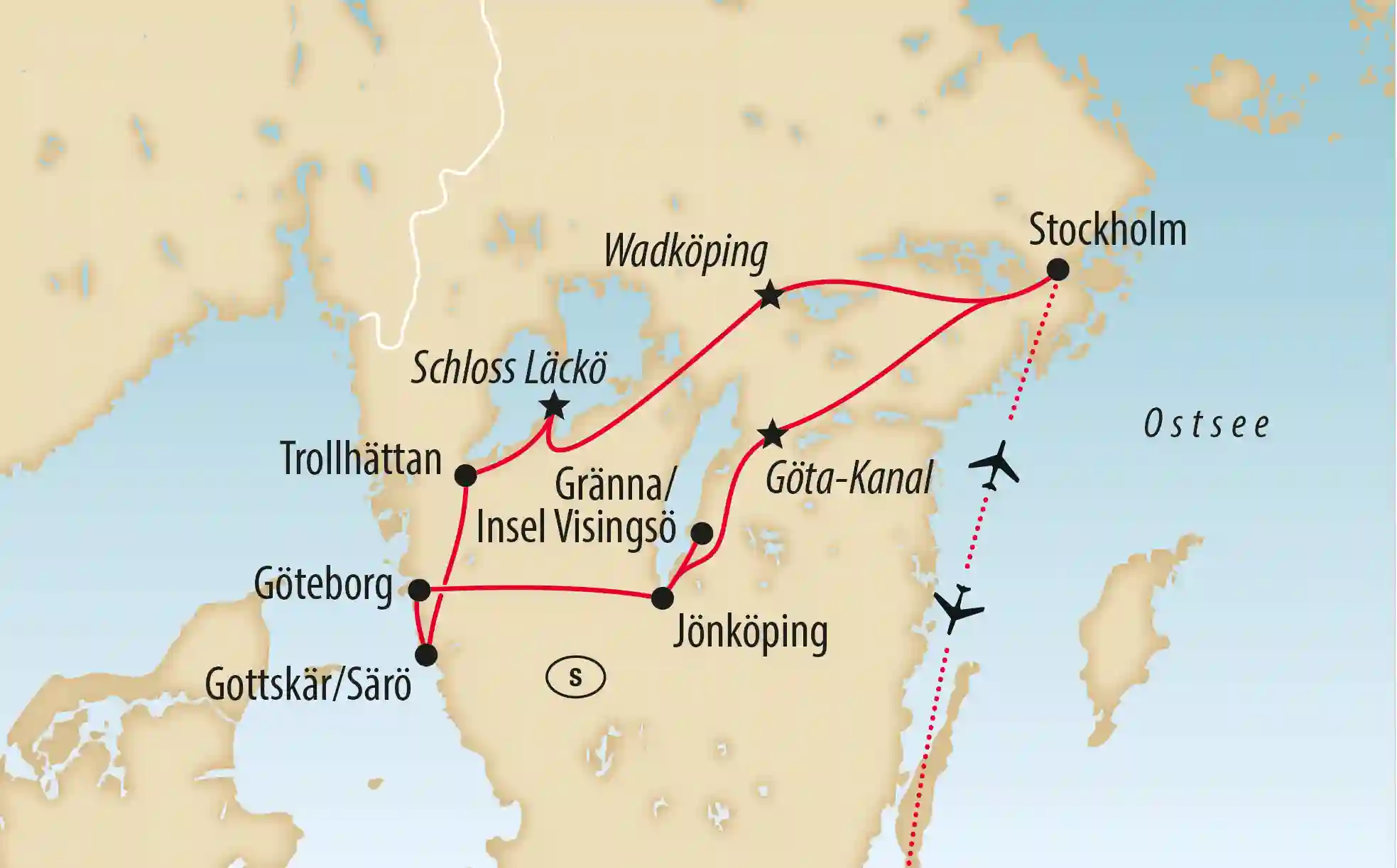 Reisekarte von Schweden mit markierter Rundreise über Stockholm Göteborg Jönköping und den Göta-Kanal