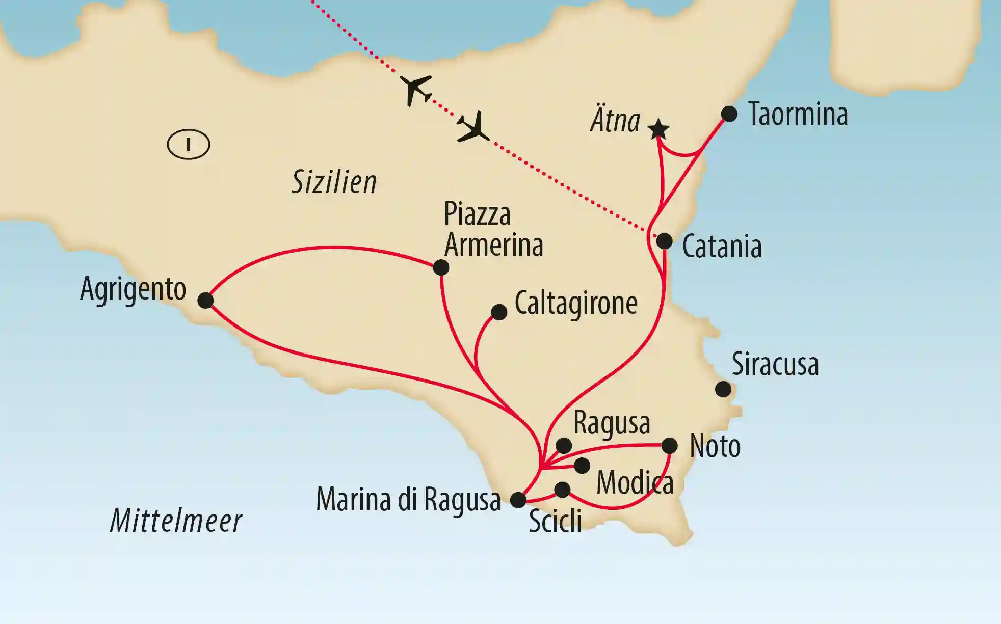 Übersichtskarte von Sizilien mit eingezeichneter Reiseroute zu Städten, Vulkan Ätna und Küstenorten am Mittelmeer