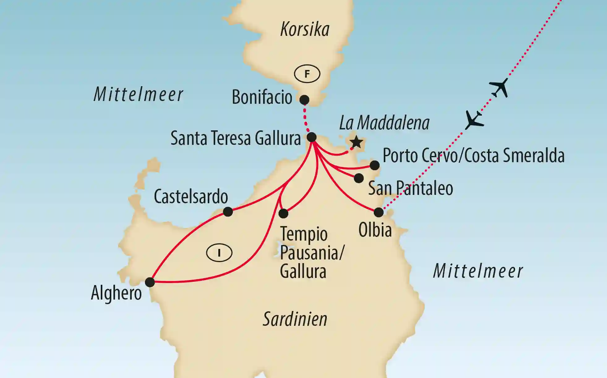 Karte von Sardinien mit markierten Orten an der Costa Smeralda und Flugroute