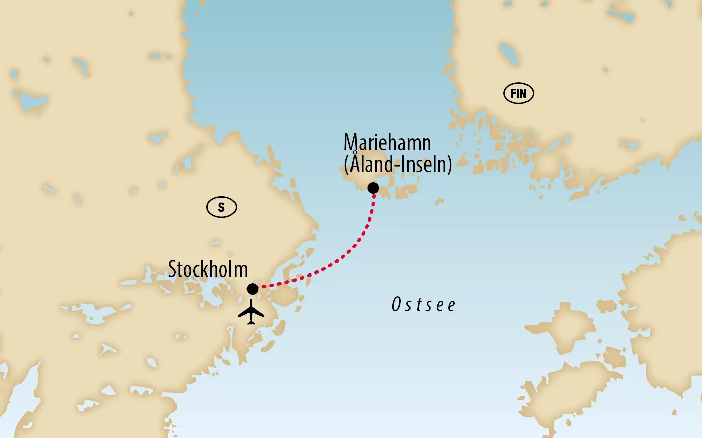 Karte zeigt Flugroute von Stockholm über die Ostsee zu den Åland-Inseln mit Ziel Mariehamn