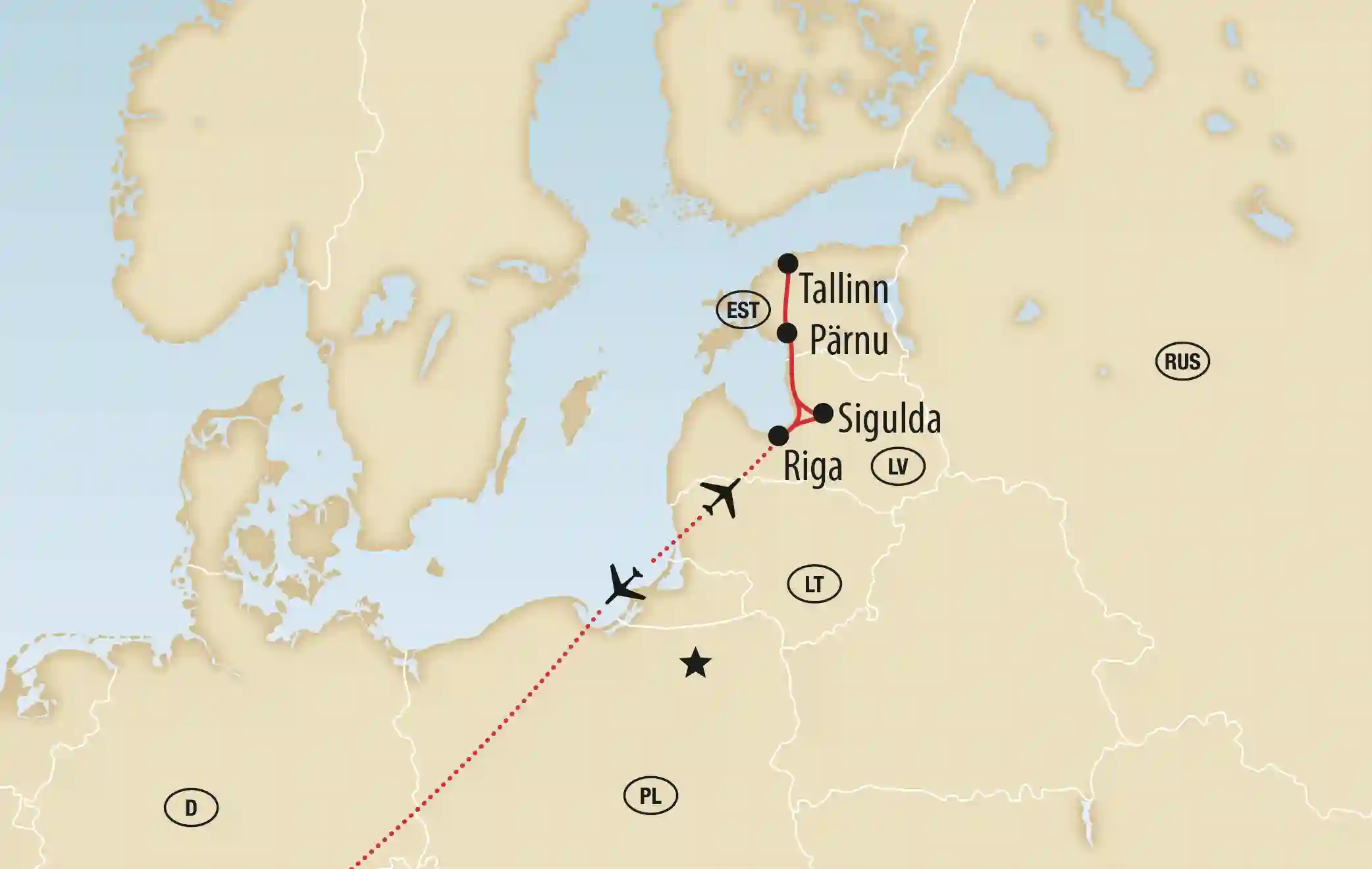 Karte des Baltikums mit Reiseroute über Riga, Sigulda, Pärnu und Tallinn