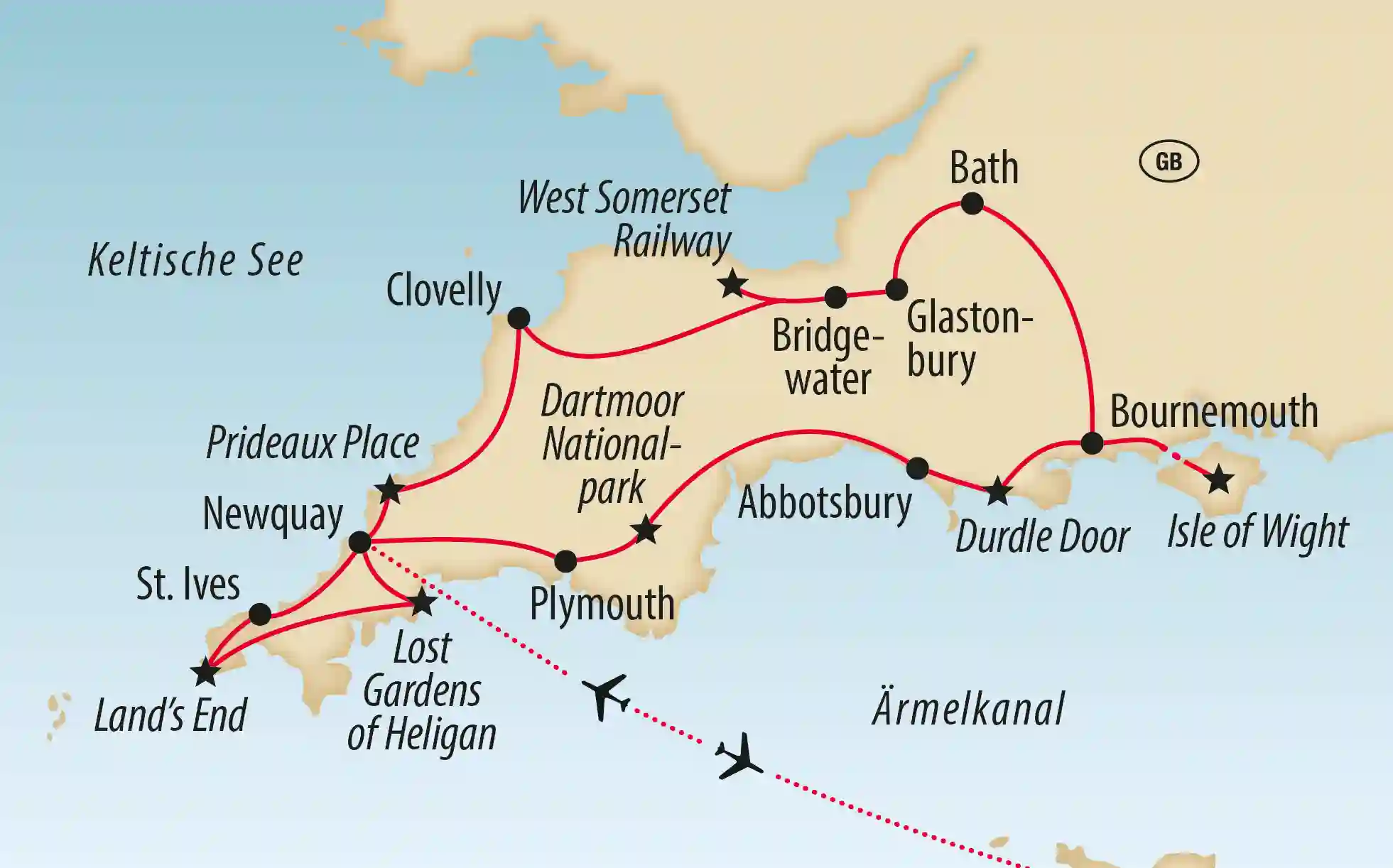 Übersichtskarte einer Rundreise durch Südengland mit Stationen entlang der Küste