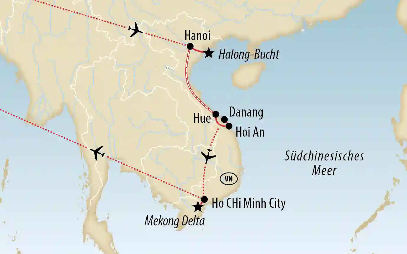 Karte von Vietnam mit Reiseroute über Hanoi, Halong Bucht, Hue, Hoi An und Ho Chi Minh City