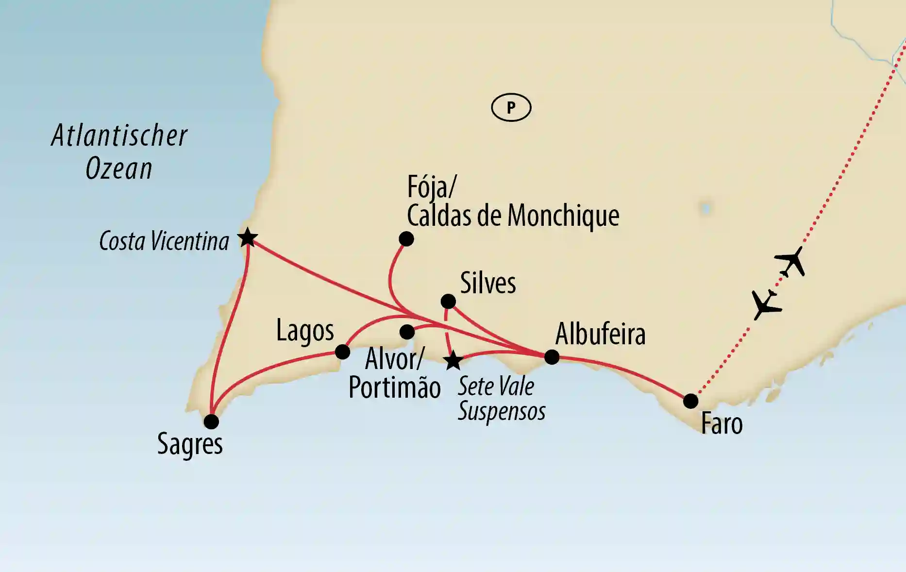 Übersichtskarte der Algarve mit markierter Reiseroute zwischen Faro, Albufeira, Lagos und der Atlantikkueste