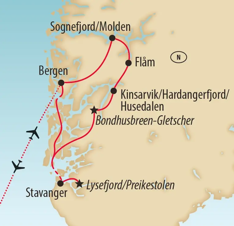 Karte der Norwegen-Rundreise mit Route über Stavanger, Bergen, Flåm, Hardangerfjord und Sognefjord.
