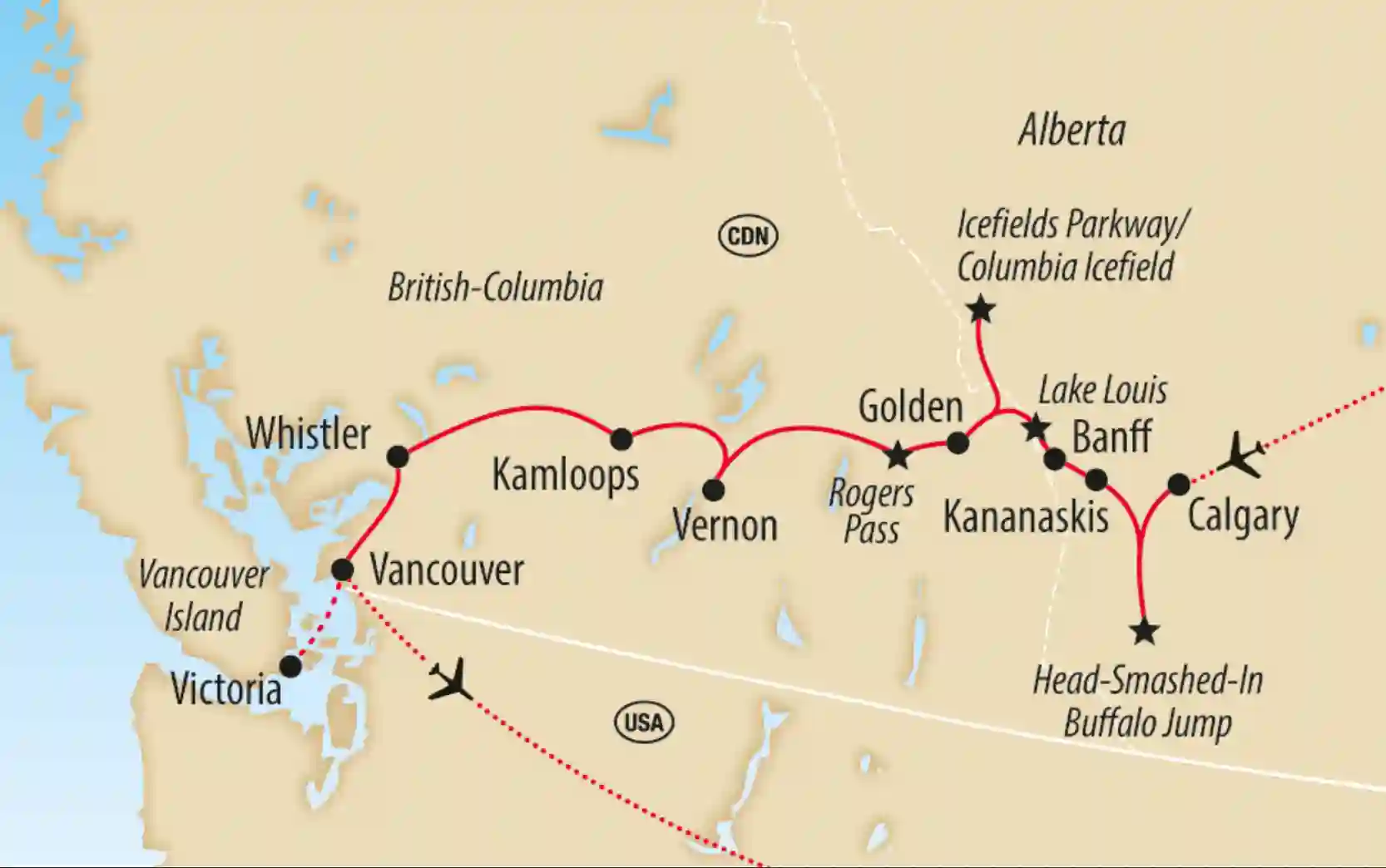 Karte von Westkanada mit Reiseroute durch British Columbia und Alberta