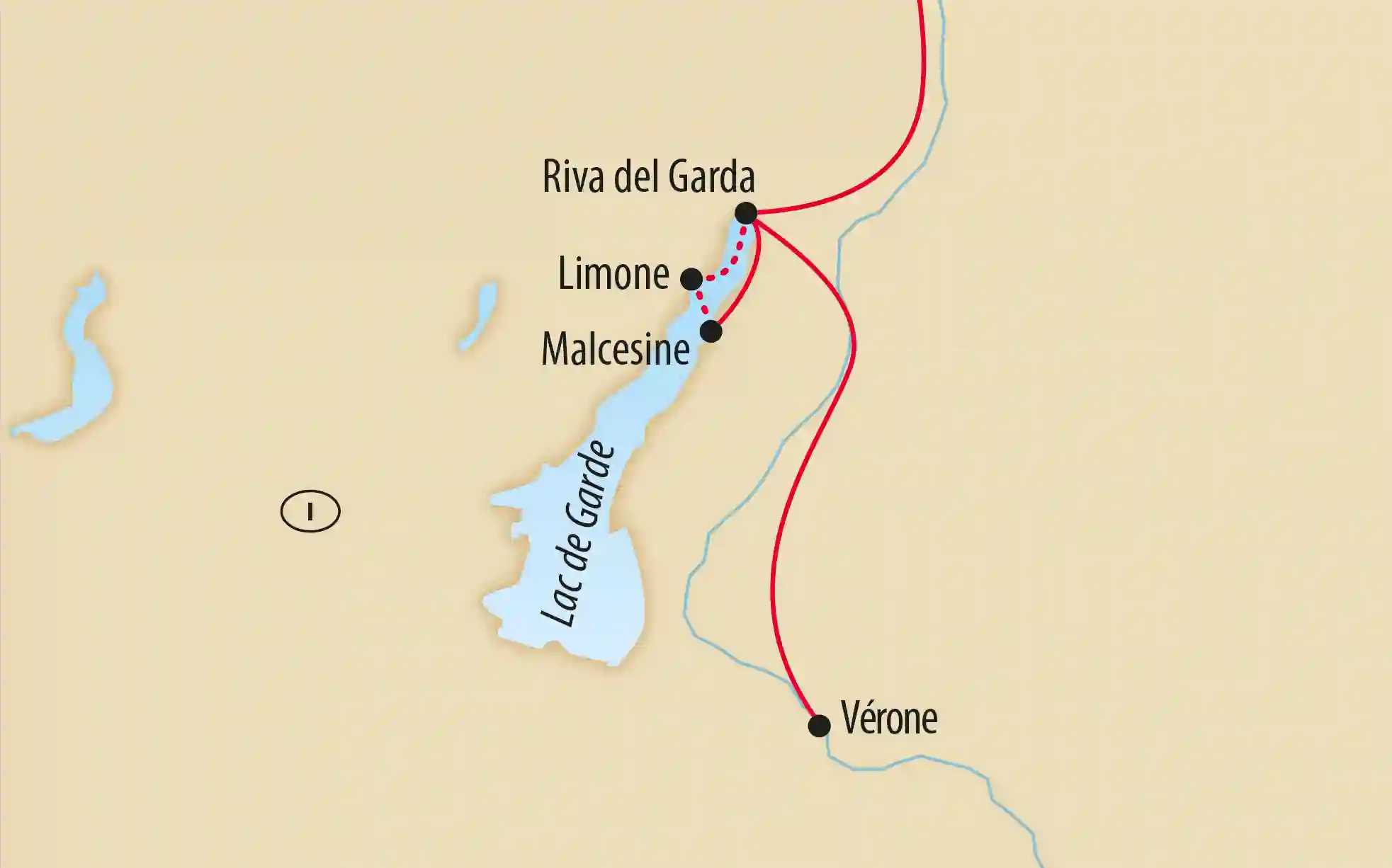 Carte du lac de Garde avec itinéraire entre Vérone, Riva del Garda, Limone et Malcesine