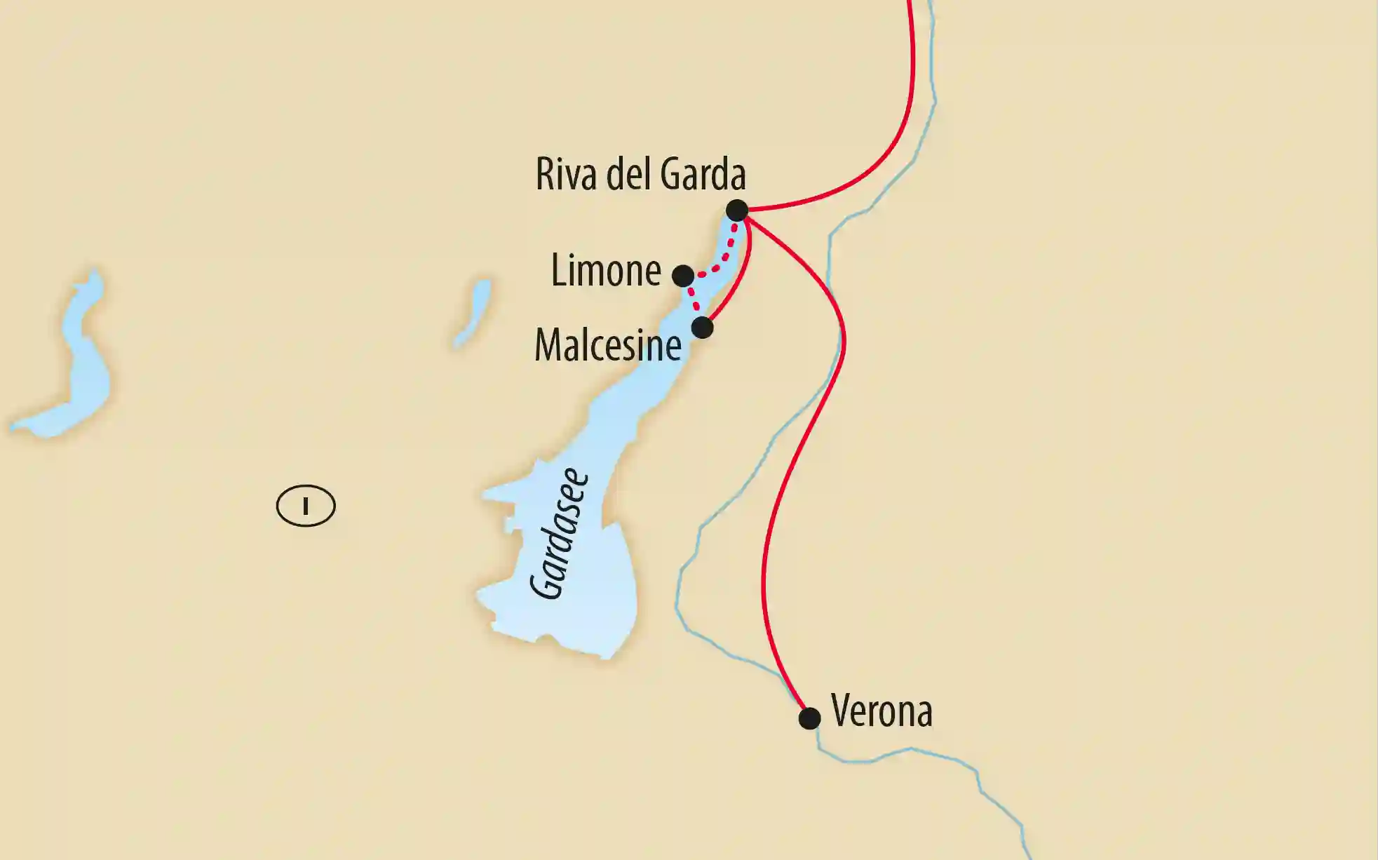 Karte des Gardasees mit Reiseroute zwischen Verona, Riva del Garda, Limone und Malcesine