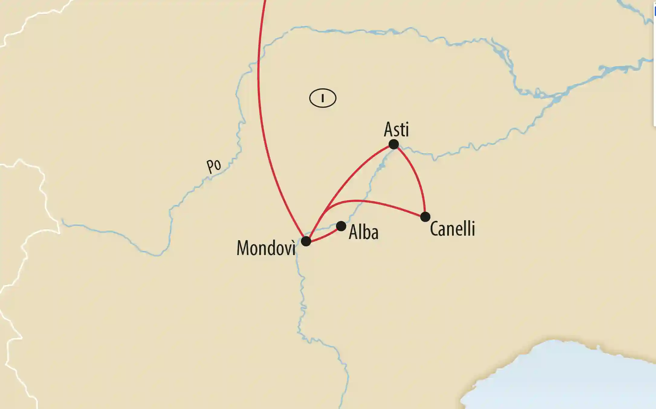 Karte mit Reiseroute im Piemont zwischen Mondovi, Alba, Asti und Canelli