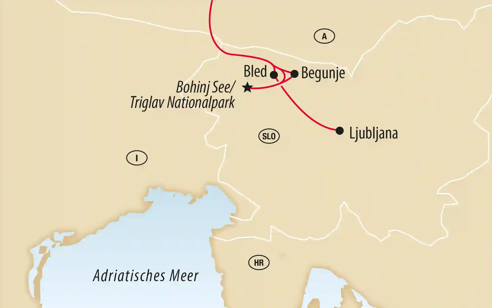 Übersichtskarte von Slowenien mit markierter Route zwischen Ljubljana Bled und dem Bohinj See im Triglav Nationalpark