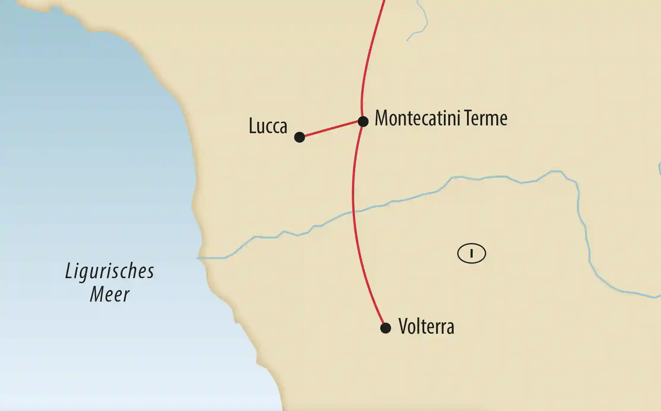 Karte einer Reiseroute in der Toskana mit Stationen wie Lucca, Montecatini Terme und Volterra nahe dem Ligurischen Meer